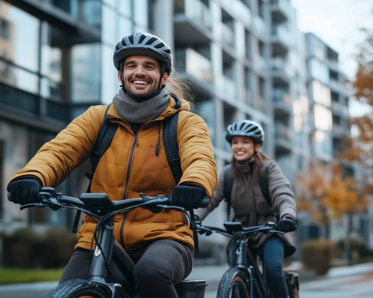 Couple riding through the city on bicycles, laughing