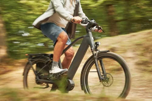 Break at the edge of a cycle path. Close-up of an e-bike handlebar