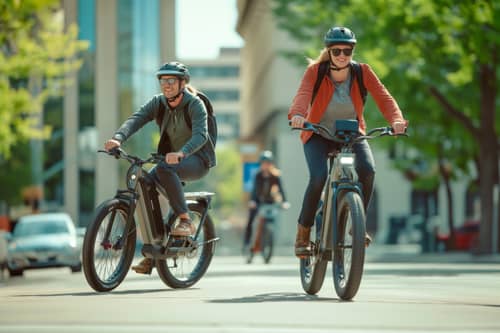 Two cyclists riding in the city