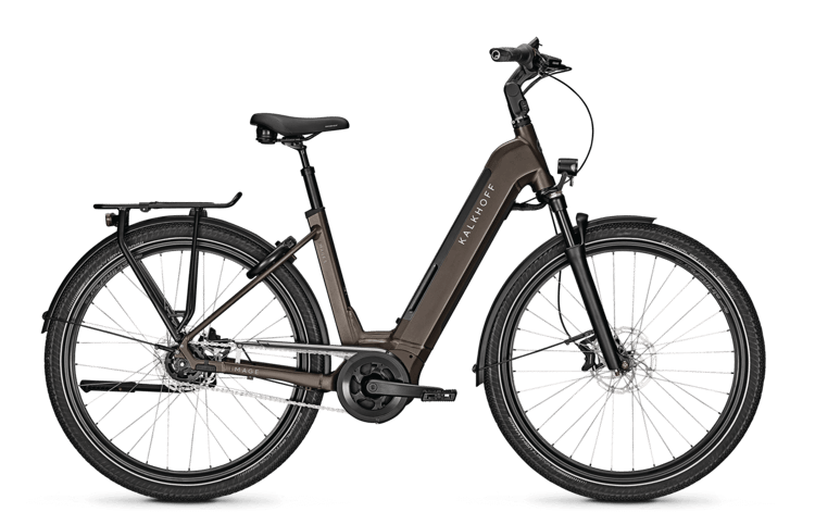 Kalkhoff Image 5.B Move electric bike in brown with integrated battery, front and rear lights, and disc brakes.