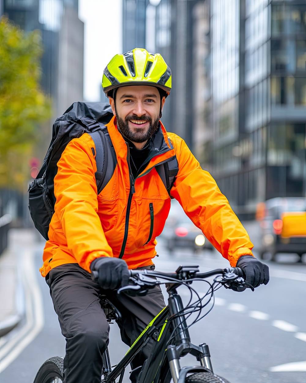 Radfahrer mit Helm und Warnjacke