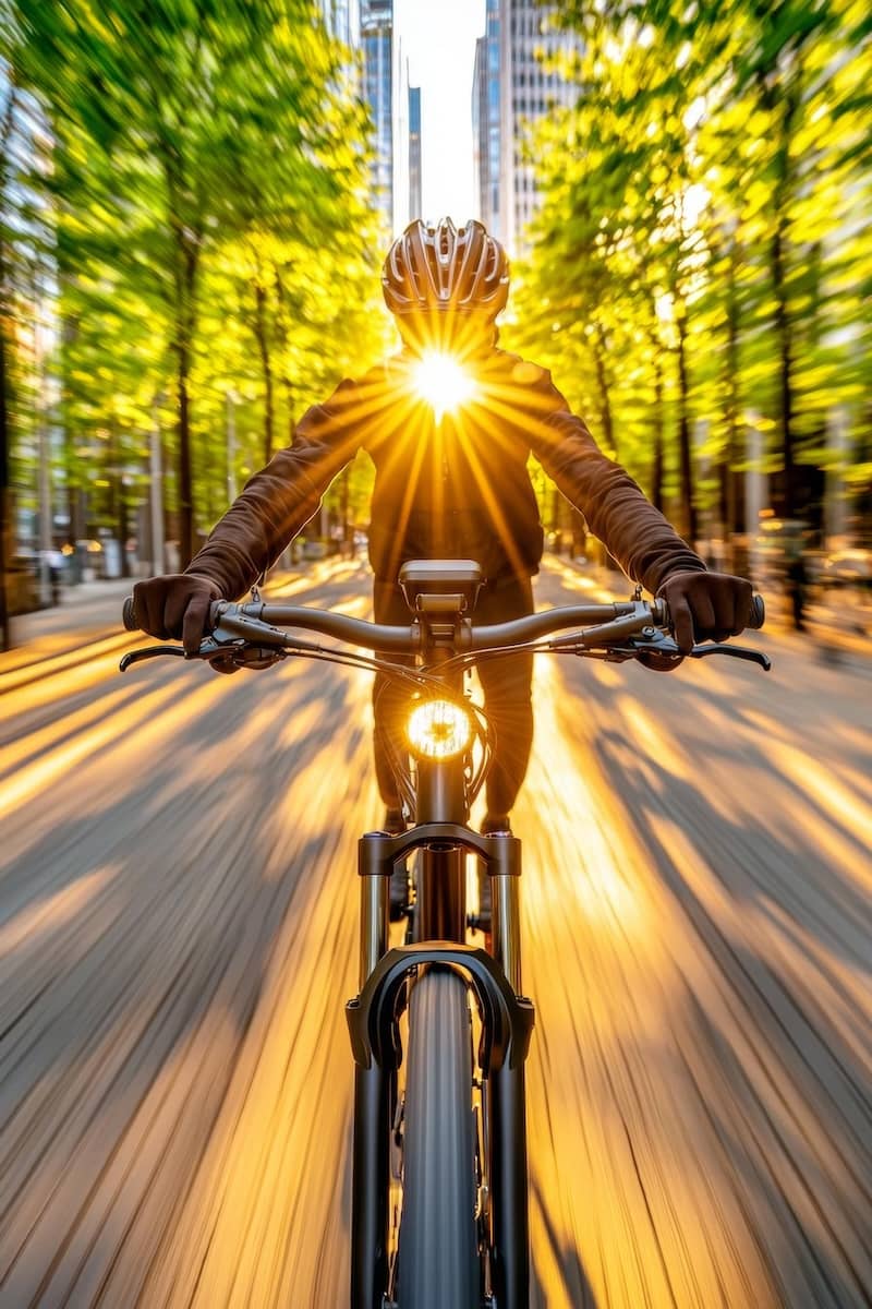 Man commuting by electric bike in a green urban environment