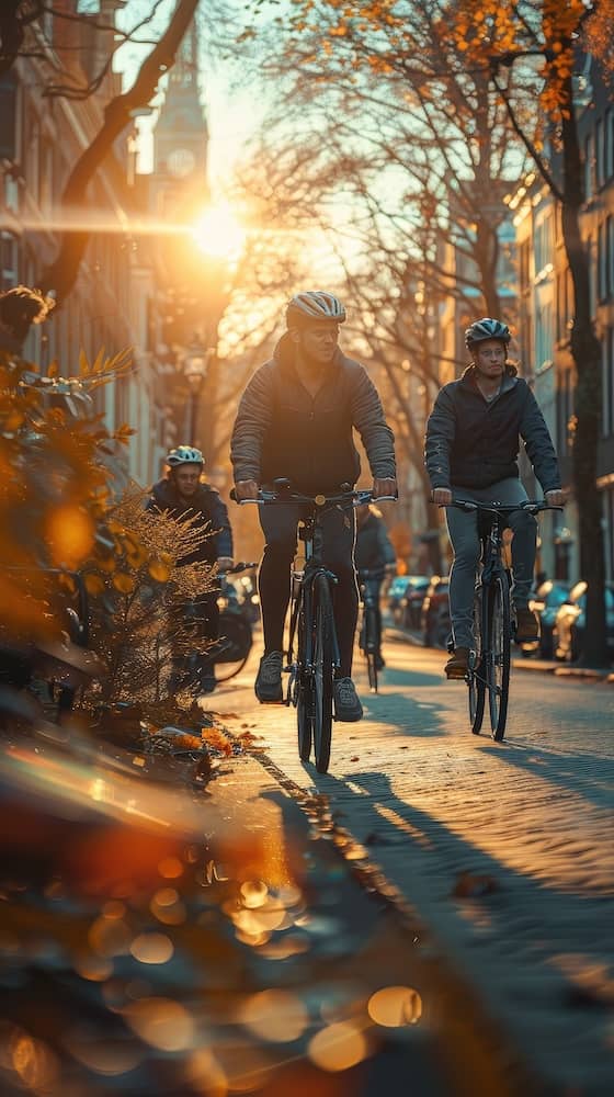 Cyclists in the city in fall