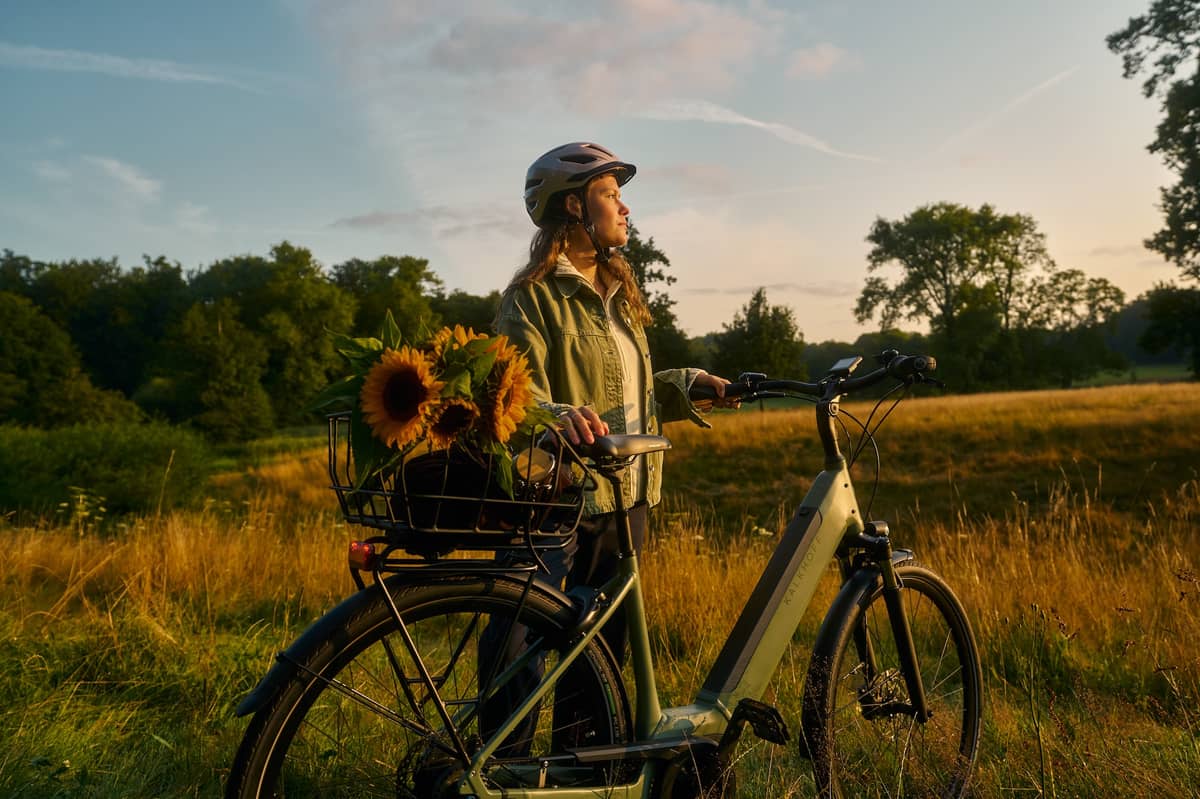 Woman with bicycle and bicycle basket with sunflowers standing in a field