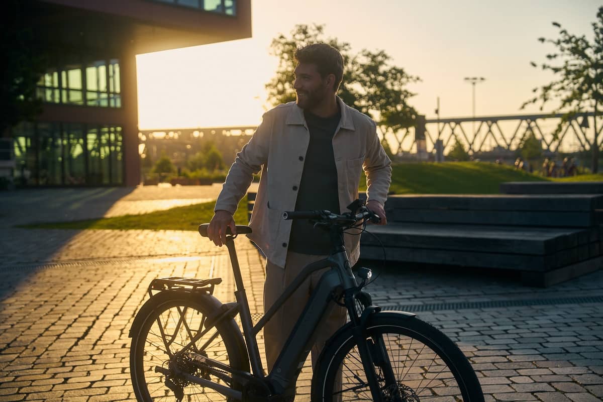 Mann schiebt Kalkhoff Fahrrad in Sonnenuntergangslicht